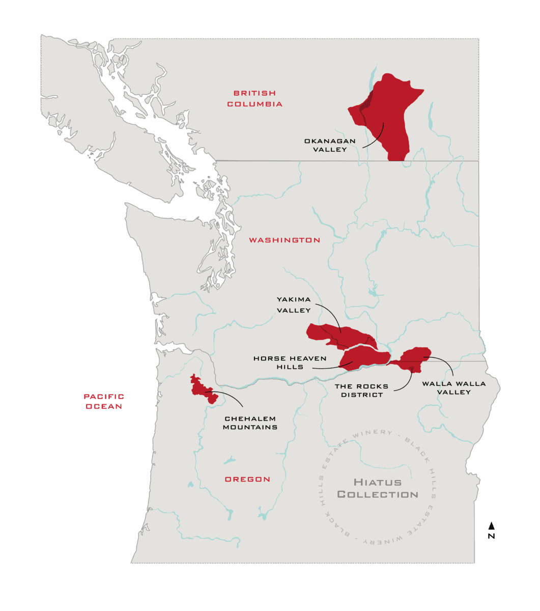 Map of growing regions the Hiatus Collection grapes were sourced from.